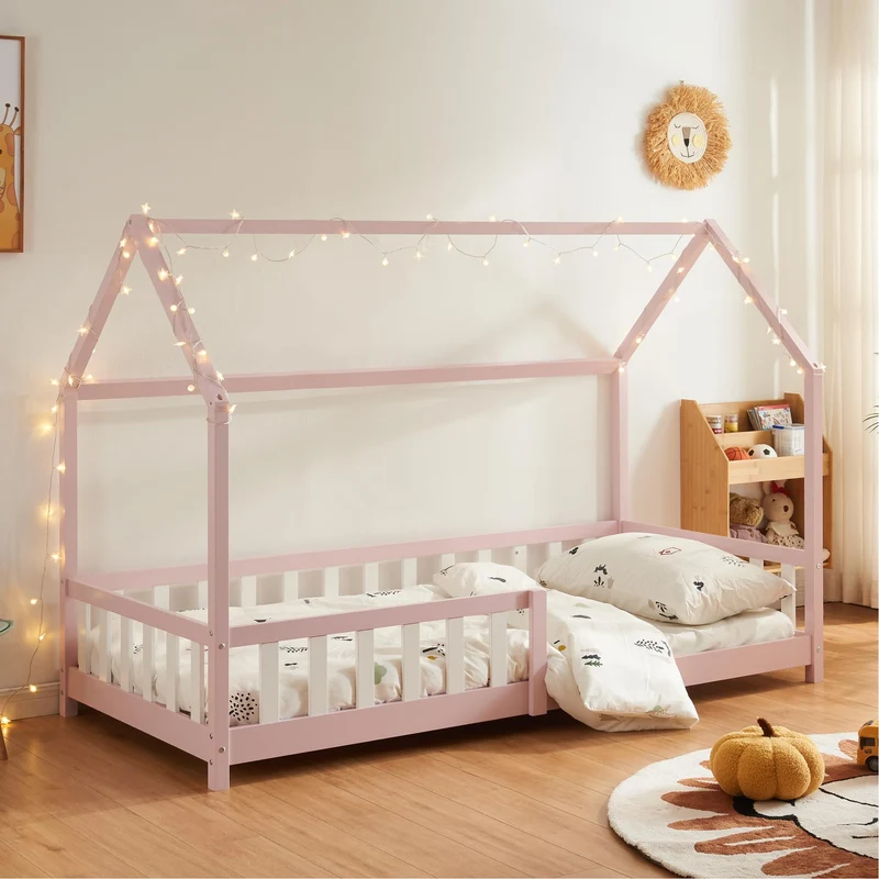 [en.casa] Montessori Kinderbett Hausbett aus Holz mit Rausfallschutz & Lattenrost – Bodenbett für Kinderh