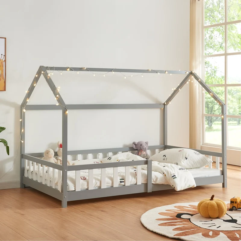 [en.casa] Montessori Kinderbett Hausbett aus Holz mit Rausfallschutz & Lattenrost – Bodenbett für Kinderh