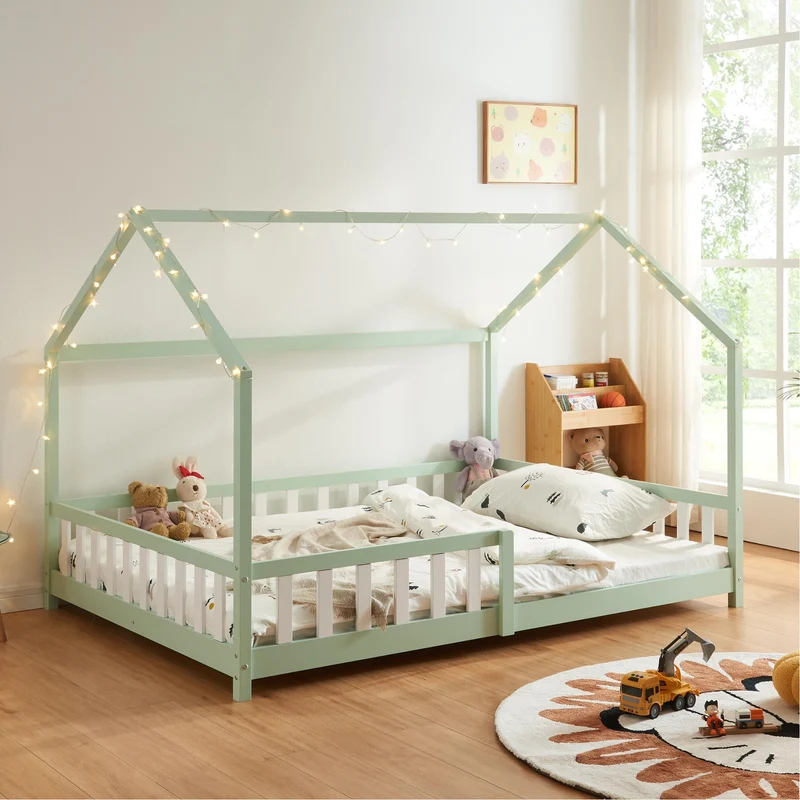 [en.casa] Montessori Kinderbett Hausbett aus Holz mit Rausfallschutz & Lattenrost – Bodenbett für Kinderh