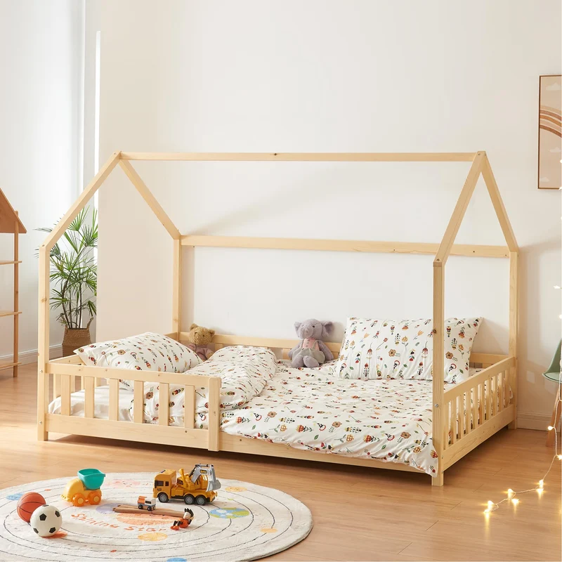 [en.casa] Montessori Kinderbett Hausbett aus Holz mit Rausfallschutz & Lattenrost – Bodenbett für Kinderh