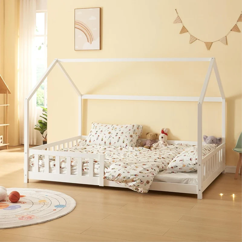 [en.casa] Montessori Kinderbett Hausbett aus Holz mit Rausfallschutz & Lattenrost – Bodenbett für Kinderh
