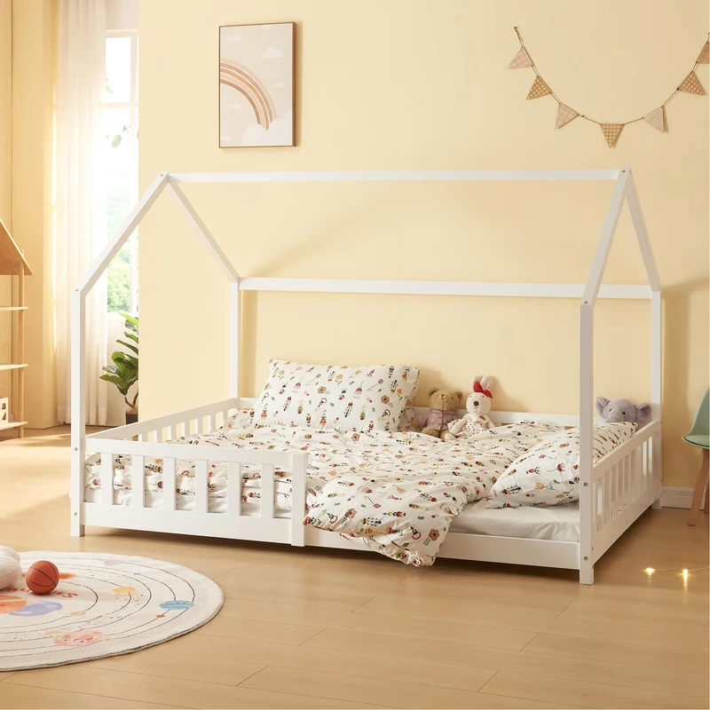 [en.casa] Montessori Kinderbett Hausbett aus Holz mit Rausfallschutz & Lattenrost – Bodenbett für Kinderh