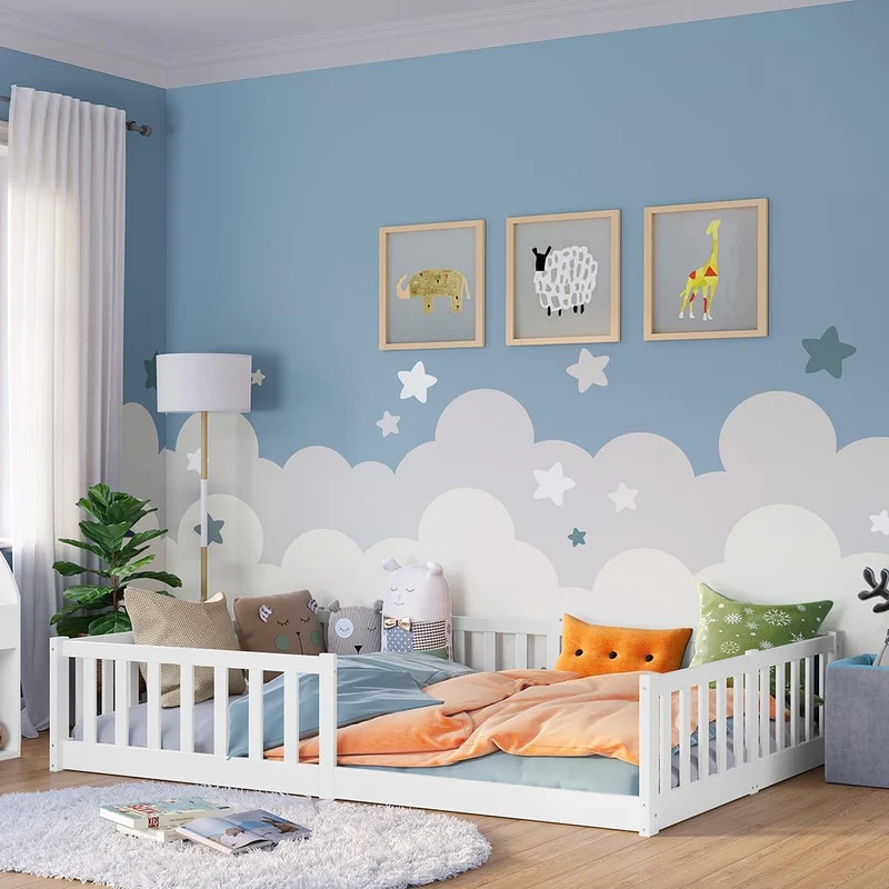 Bellabino Vere Montessori Bodenbett 140x200 cm Weiß – Kinderbett aus Kiefer mit Rausfallschutz & Lattenrosth