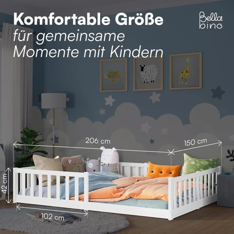 Bellabino Vere Montessori Bodenbett 140x200 cm Weiß – Kinderbett aus Kiefer mit Rausfallschutz & Lattenrosth
