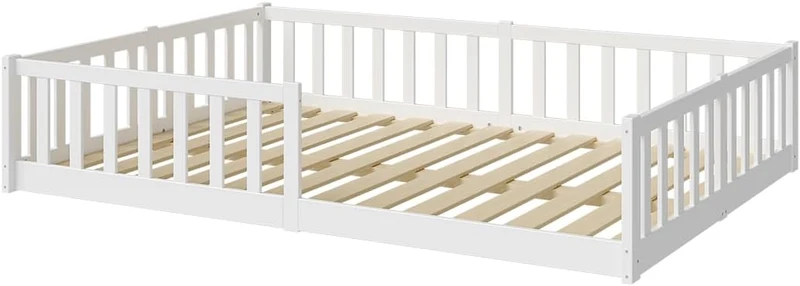 Bellabino Vere Montessori Bodenbett 140x200 cm Weiß – Kinderbett aus Kiefer mit Rausfallschutz & Lattenrosth