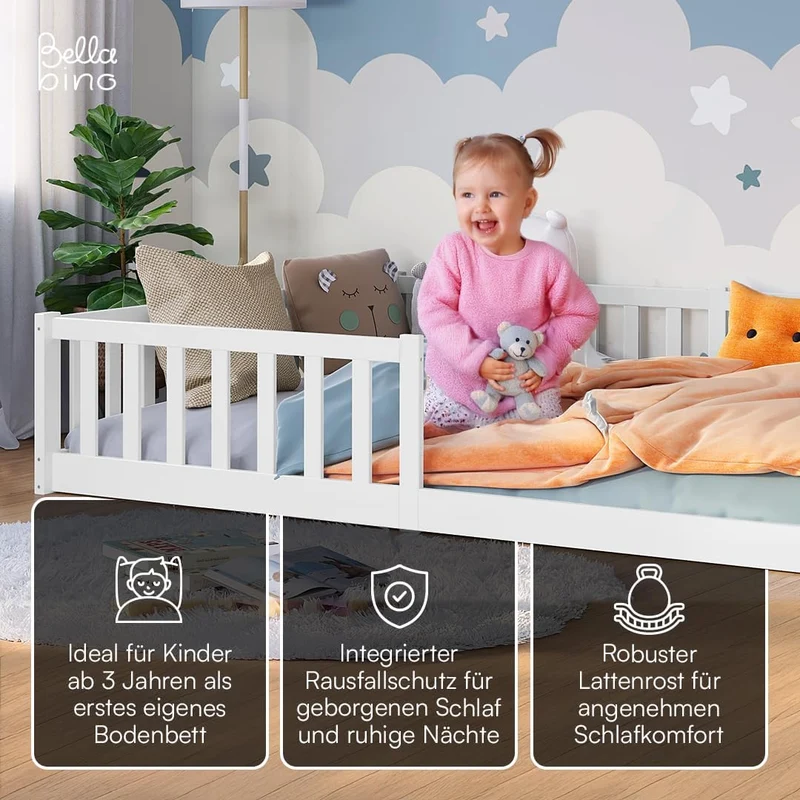 Bellabino Vere Montessori Bodenbett 140x200 cm Weiß – Kinderbett aus Kiefer mit Rausfallschutz & Lattenrosth