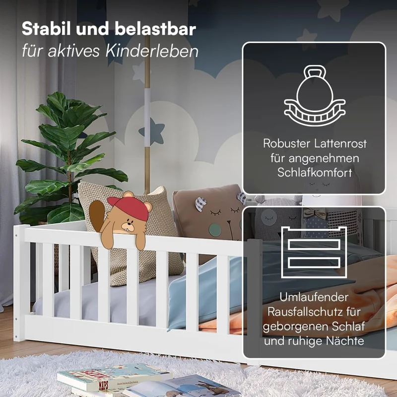 Bellabino Vere Montessori Bodenbett 140x200 cm Weiß – Kinderbett aus Kiefer mit Rausfallschutz & Lattenrosth