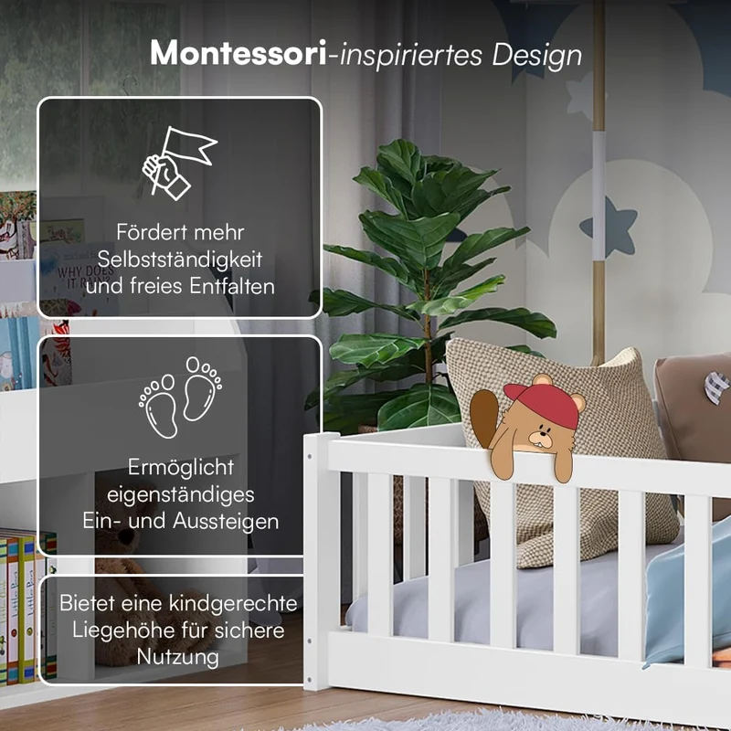Bellabino Vere Montessori Bodenbett 140x200 cm Weiß – Kinderbett aus Kiefer mit Rausfallschutz & Lattenrosth