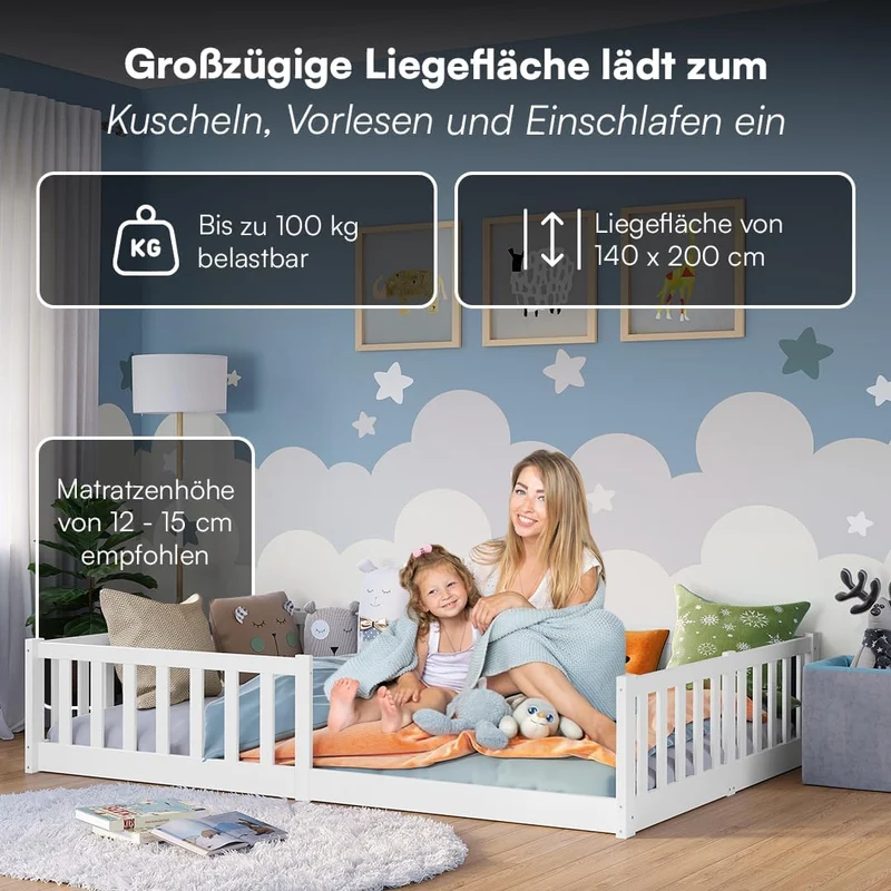 Bellabino Vere Montessori Bodenbett 140x200 cm Weiß – Kinderbett aus Kiefer mit Rausfallschutz & Lattenrosth
