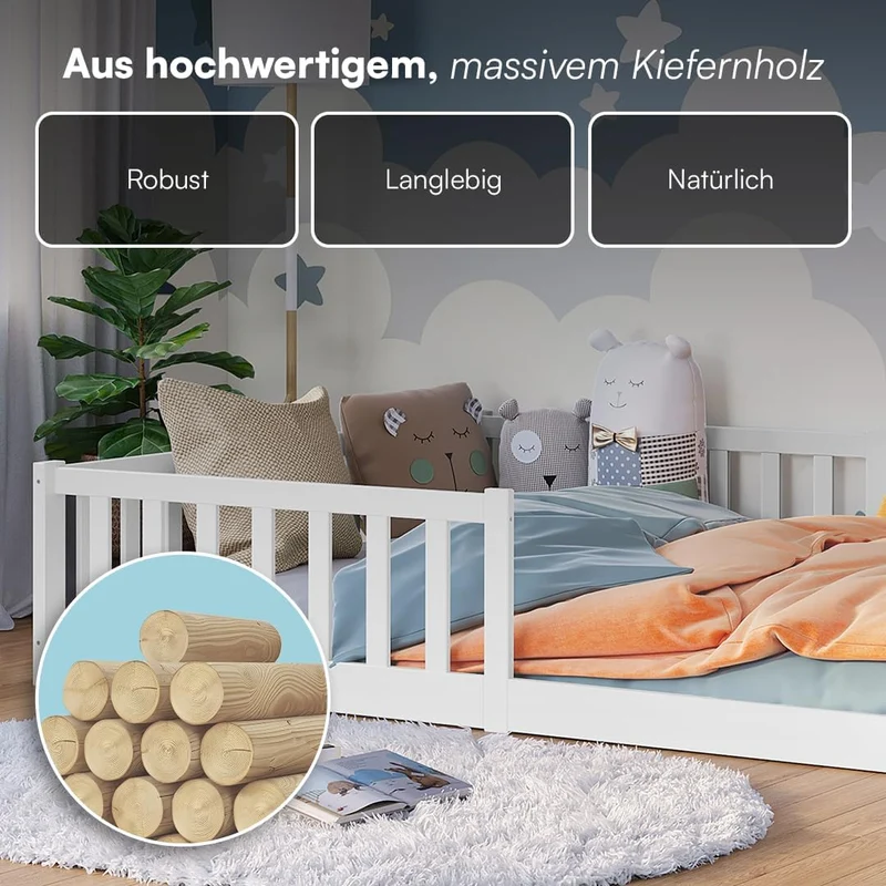 Bellabino Vere Montessori Bodenbett 140x200 cm Weiß – Kinderbett aus Kiefer mit Rausfallschutz & Lattenrosth