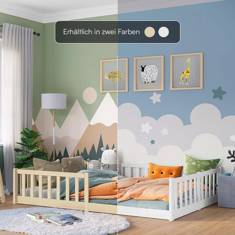 Bellabino Vere Montessori Bodenbett 140x200 cm Weiß – Kinderbett aus Kiefer mit Rausfallschutz & Lattenrosth