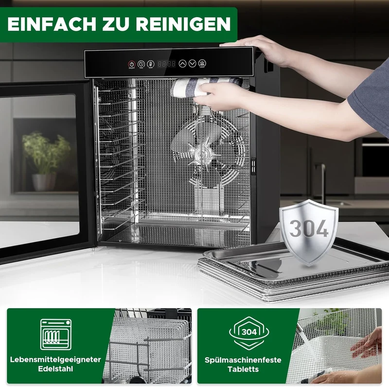 Kwasyo Dörrautomat Edelstahl, Dörrgerät 12 Etagen Ganz in Schwarz, 30-90℃ Temperaturregelung, 24 Stunden Timer, Rezeptheft für Fleisch Obst Gemüse Kräuter, 1000W, LT-09