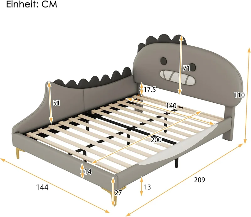 Bett 140x200 mit Lattenrost Kinder Mädchen Doppelbett, Kinderbett, Dinosaurierform, Bettgestell, Jugendbett, Bett für Jungen und Mädchen, PU, ohne Matratzeh