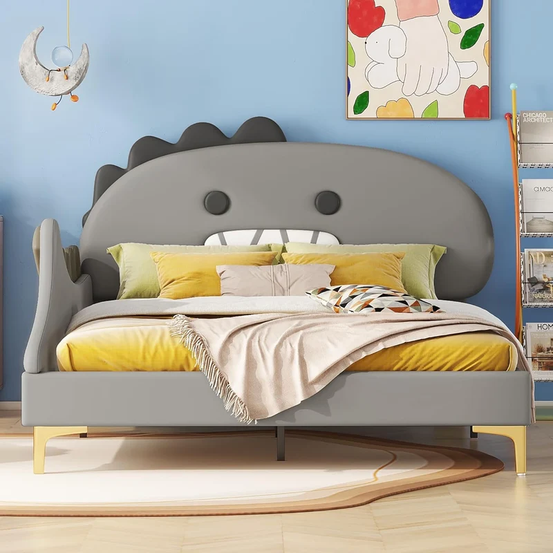Bett 140x200 mit Lattenrost Kinder Mädchen Doppelbett, Kinderbett, Dinosaurierform, Bettgestell, Jugendbett, Bett für Jungen und Mädchen, PU, ohne Matratzeh