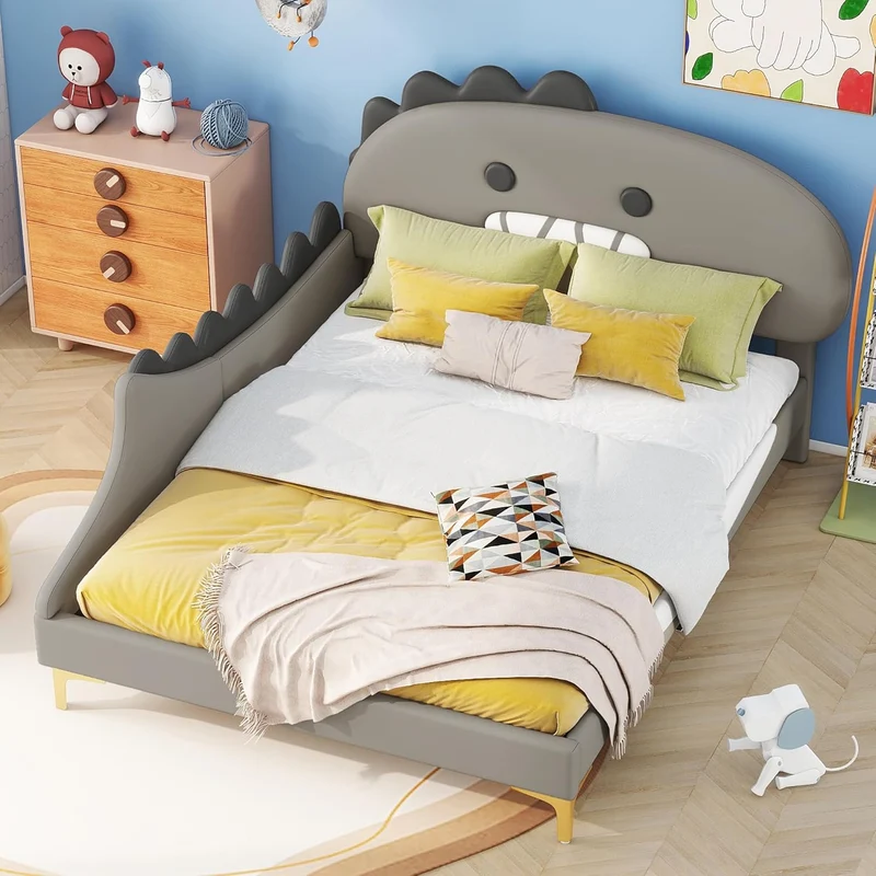 Bett 140x200 mit Lattenrost Kinder Mädchen Doppelbett, Kinderbett, Dinosaurierform, Bettgestell, Jugendbett, Bett für Jungen und Mädchen, PU, ohne Matratzeh