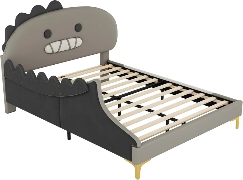 Bett 140x200 mit Lattenrost Kinder Mädchen Doppelbett, Kinderbett, Dinosaurierform, Bettgestell, Jugendbett, Bett für Jungen und Mädchen, PU, ohne Matratzeh