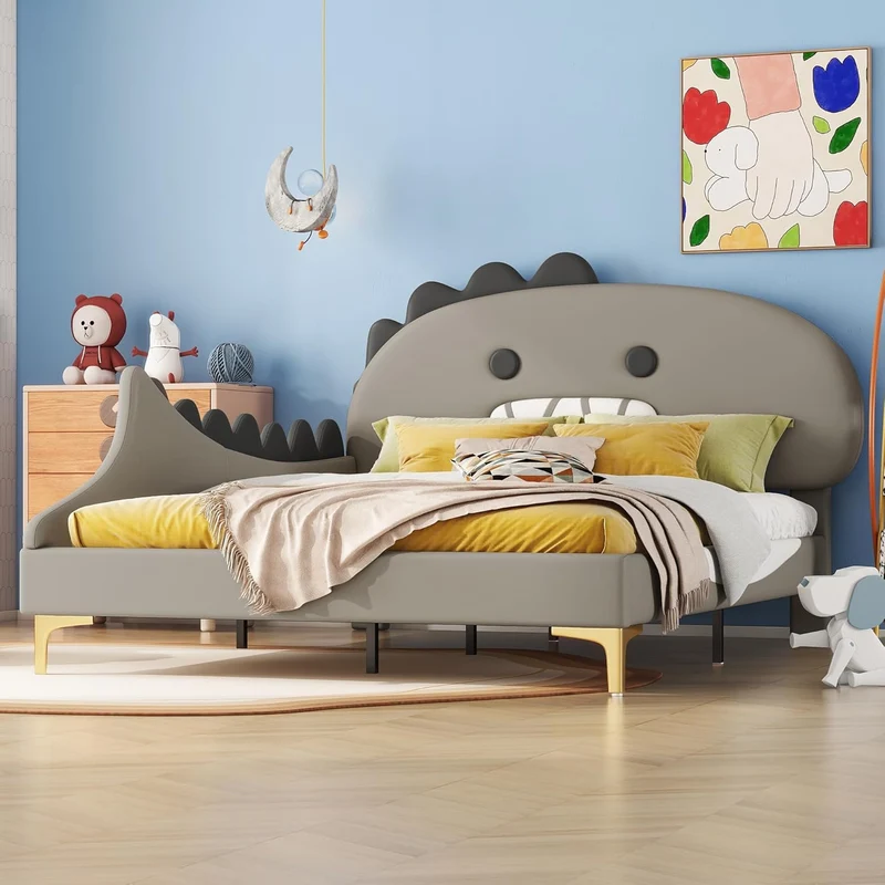 Bett 140x200 mit Lattenrost Kinder Mädchen Doppelbett, Kinderbett, Dinosaurierform, Bettgestell, Jugendbett, Bett für Jungen und Mädchen, PU, ohne Matratzeh