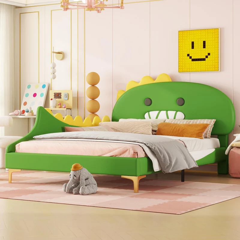 Bett 140x200 mit Lattenrost Kinder Mädchen Doppelbett, Kinderbett, Dinosaurierform, Bettgestell, Jugendbett, Bett für Jungen und Mädchen, PU, ohne Matratzeh