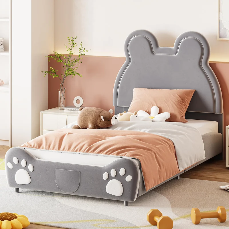 Bett 140x200 mit Lattenrost Kinder Mädchen Doppelbett, Kinderbett, Dinosaurierform, Bettgestell, Jugendbett, Bett für Jungen und Mädchen, PU, ohne Matratzeh