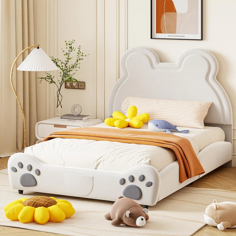 Bett 140x200 mit Lattenrost Kinder Mädchen Doppelbett, Kinderbett, Dinosaurierform, Bettgestell, Jugendbett, Bett für Jungen und Mädchen, PU, ohne Matratzeh