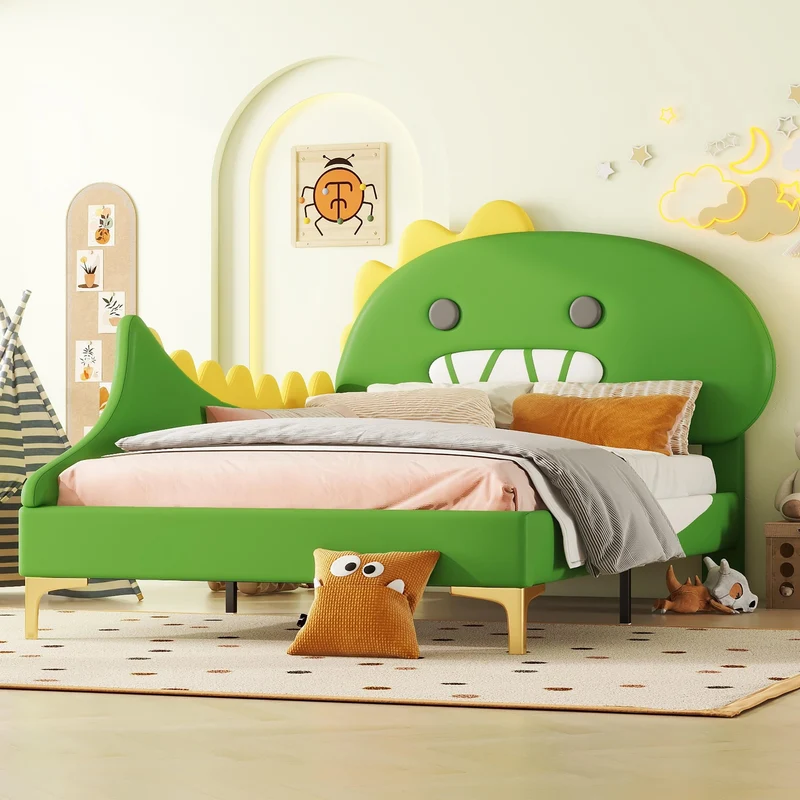 Bett 140x200 mit Lattenrost Kinder Mädchen Doppelbett, Kinderbett, Dinosaurierform, Bettgestell, Jugendbett, Bett für Jungen und Mädchen, PU, ohne Matratzeh