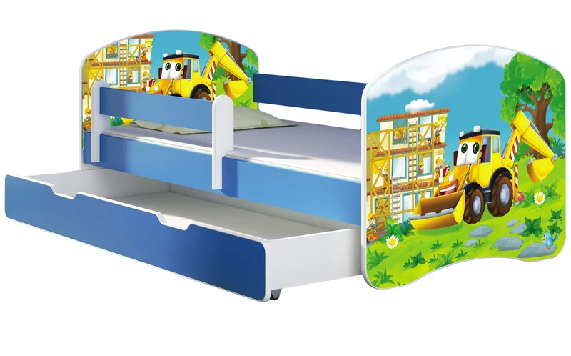 ACMA Kinderbett Jugendbett mit Einer Schublade und Matratze Blau mit Rausfallschutz Lattenrost II 140x70 160x80 180x80 (36 Feuerwehr, 160x80)h