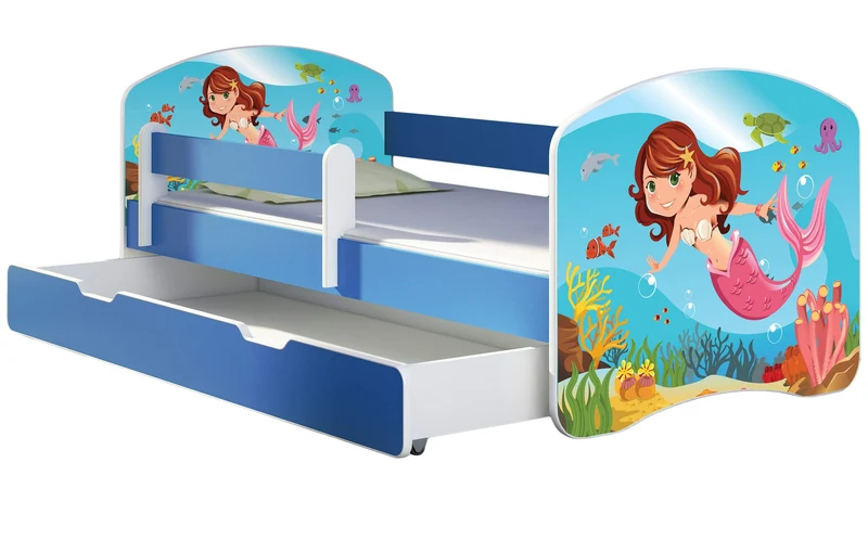 ACMA Kinderbett Jugendbett mit Einer Schublade und Matratze Blau mit Rausfallschutz Lattenrost II 140x70 160x80 180x80 (36 Feuerwehr, 160x80)h