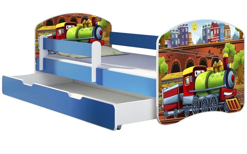 ACMA Kinderbett Jugendbett mit Einer Schublade und Matratze Blau mit Rausfallschutz Lattenrost II 140x70 160x80 180x80 (36 Feuerwehr, 160x80)h