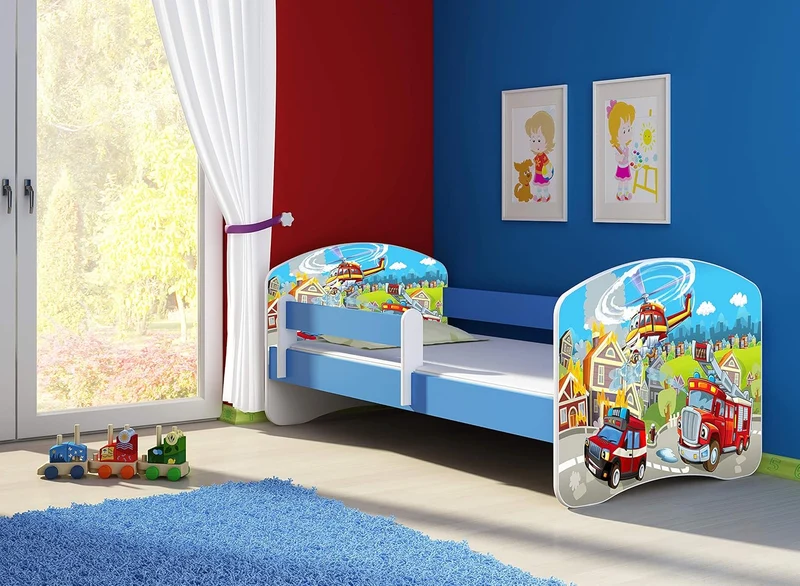 ACMA Kinderbett Jugendbett mit Einer Schublade und Matratze Blau mit Rausfallschutz Lattenrost II 140x70 160x80 180x80 (36 Feuerwehr, 160x80)h
