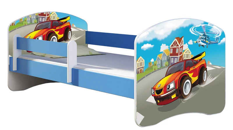ACMA Kinderbett Jugendbett mit Einer Schublade und Matratze Blau mit Rausfallschutz Lattenrost II 140x70 160x80 180x80 (36 Feuerwehr, 160x80)h