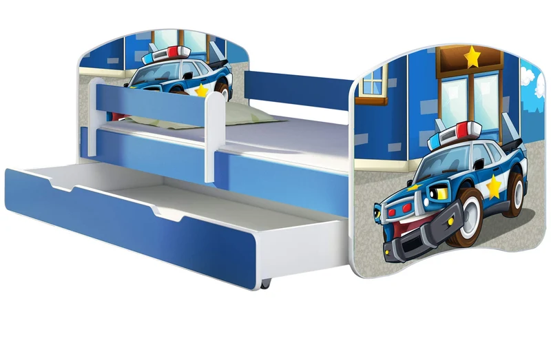 ACMA Kinderbett Jugendbett mit Einer Schublade und Matratze Blau mit Rausfallschutz Lattenrost II 140x70 160x80 180x80 (36 Feuerwehr, 160x80)h