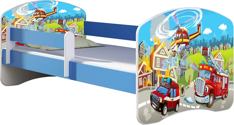 ACMA Kinderbett Jugendbett mit Einer Schublade und Matratze Blau mit Rausfallschutz Lattenrost II 140x70 160x80 180x80 (36 Feuerwehr, 160x80)h