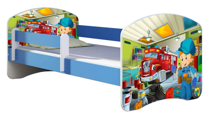 ACMA Kinderbett Jugendbett mit Einer Schublade und Matratze Blau mit Rausfallschutz Lattenrost II 140x70 160x80 180x80 (36 Feuerwehr, 160x80)h