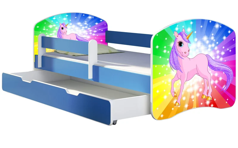 ACMA Kinderbett Jugendbett mit Einer Schublade und Matratze Blau mit Rausfallschutz Lattenrost II 140x70 160x80 180x80 (36 Feuerwehr, 160x80)h
