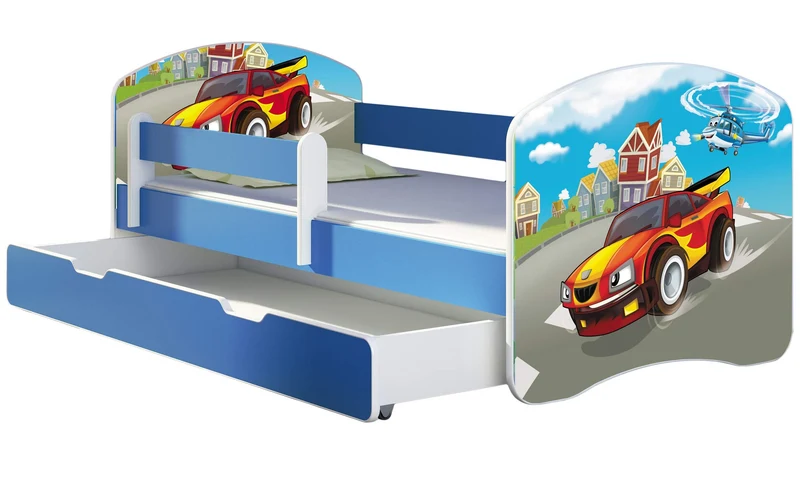 ACMA Kinderbett Jugendbett mit Einer Schublade und Matratze Blau mit Rausfallschutz Lattenrost II 140x70 160x80 180x80 (36 Feuerwehr, 160x80)h