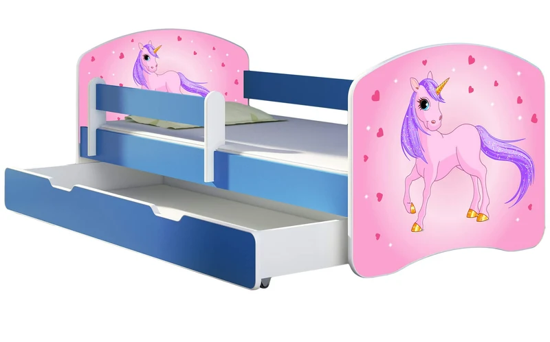 ACMA Kinderbett Jugendbett mit Einer Schublade und Matratze Blau mit Rausfallschutz Lattenrost II 140x70 160x80 180x80 (36 Feuerwehr, 160x80)h