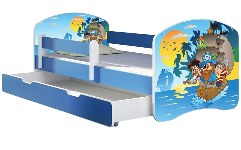 ACMA Kinderbett Jugendbett mit Einer Schublade und Matratze Blau mit Rausfallschutz Lattenrost II 140x70 160x80 180x80 (36 Feuerwehr, 160x80)h