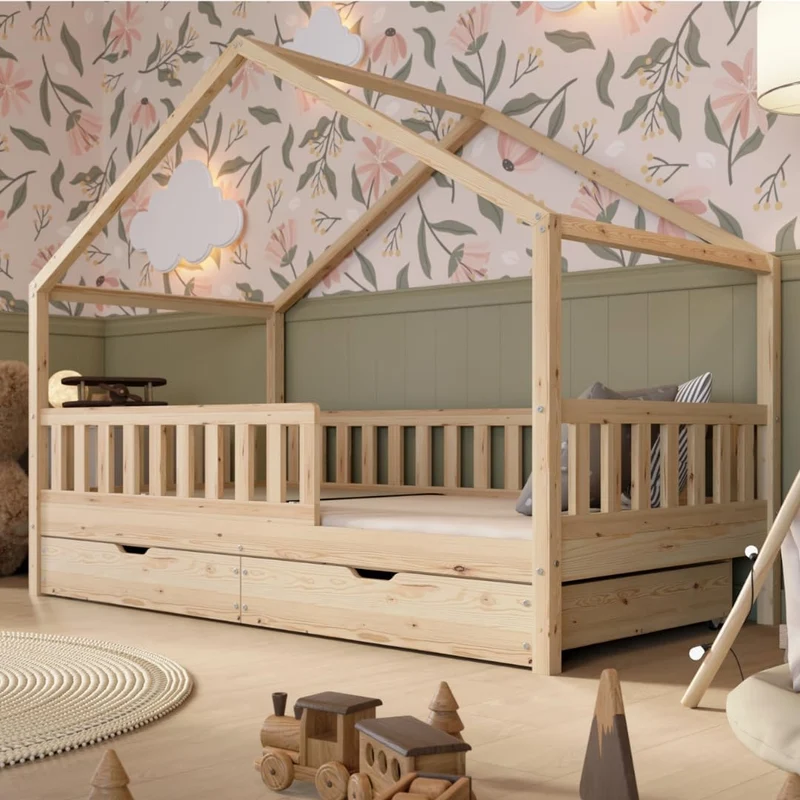Hausbett Kinderbett Montessori mit Schubladen, Naturholz Kinderzimmer Bett Crazy Househ