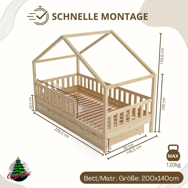 Hausbett Kinderbett Montessori mit Schubladen, Naturholz Kinderzimmer Bett Crazy Househ