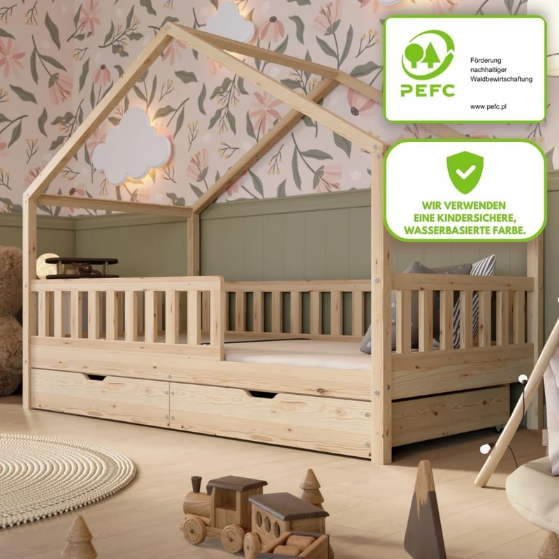 Hausbett Kinderbett Montessori mit Schubladen, Naturholz Kinderzimmer Bett Crazy Househ