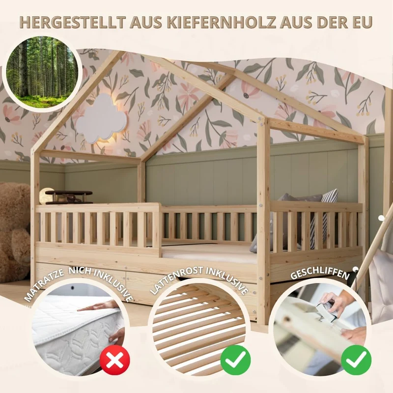 Hausbett Kinderbett Montessori mit Schubladen, Naturholz Kinderzimmer Bett Crazy Househ