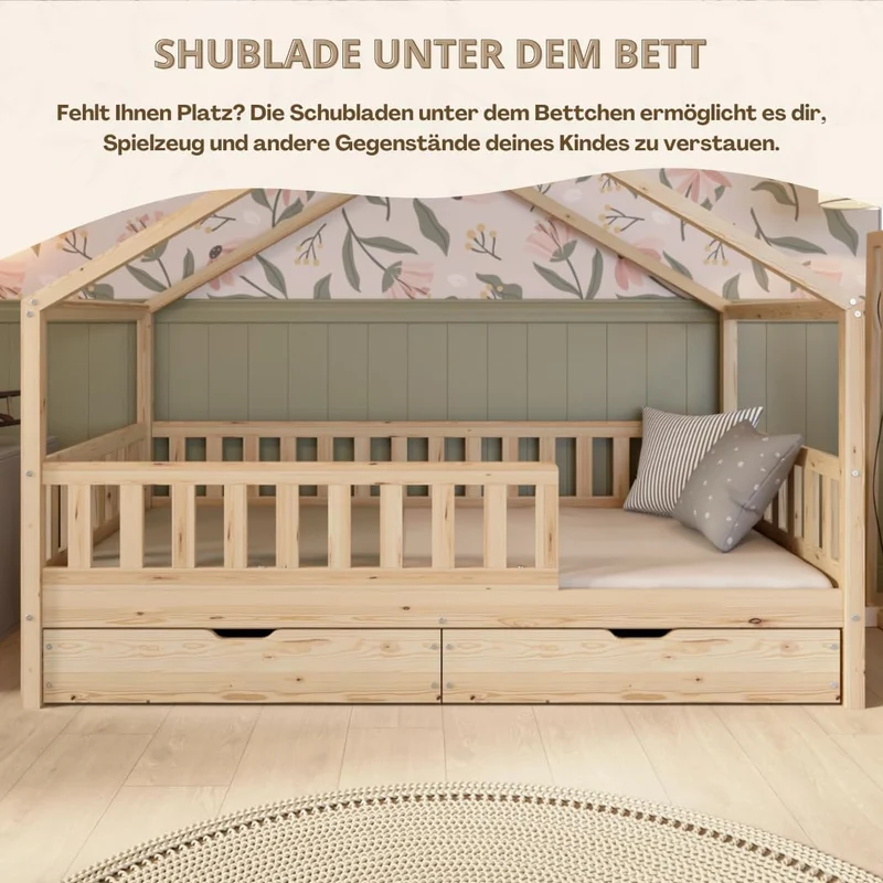 Hausbett Kinderbett Montessori mit Schubladen, Naturholz Kinderzimmer Bett Crazy Househ
