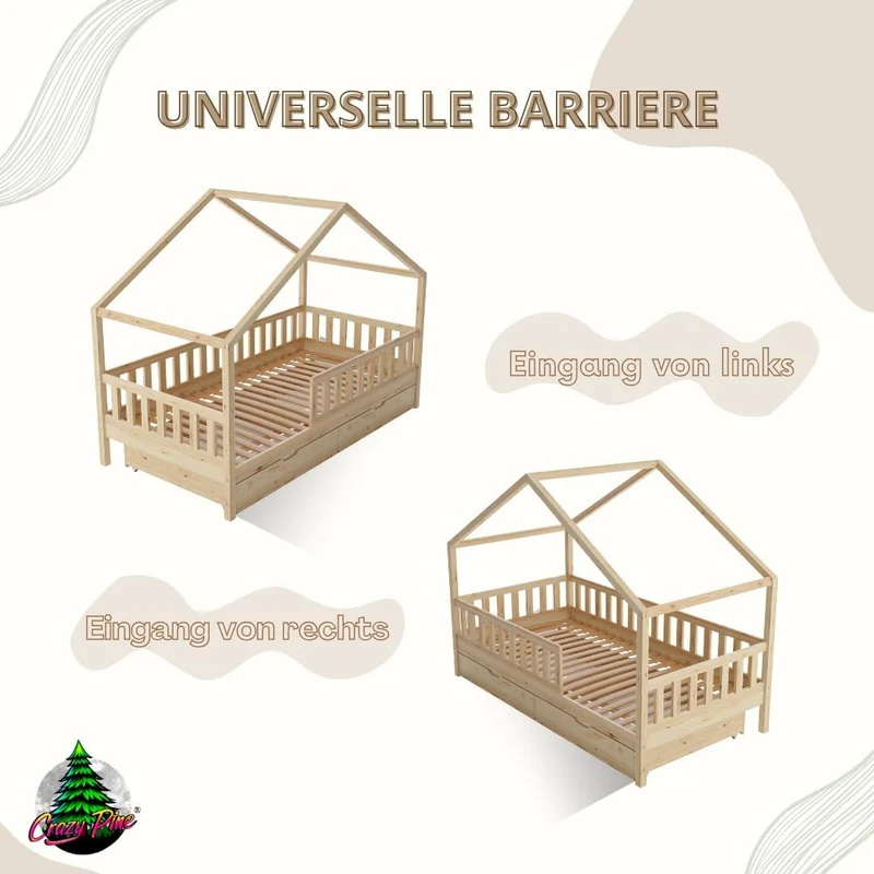 Hausbett Kinderbett Montessori mit Schubladen, Naturholz Kinderzimmer Bett Crazy Househ