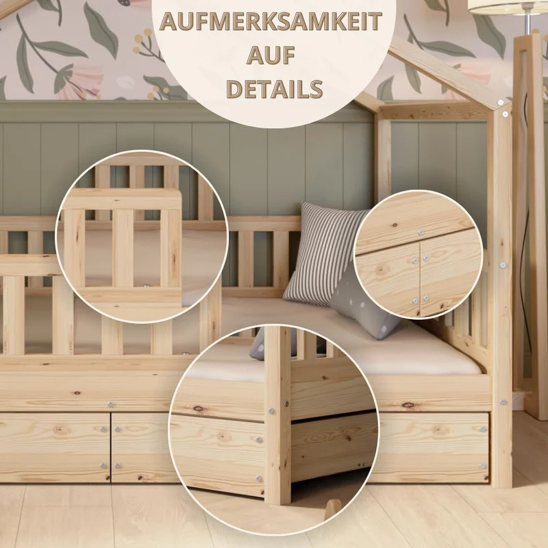 Hausbett Kinderbett Montessori mit Schubladen, Naturholz Kinderzimmer Bett Crazy Househ