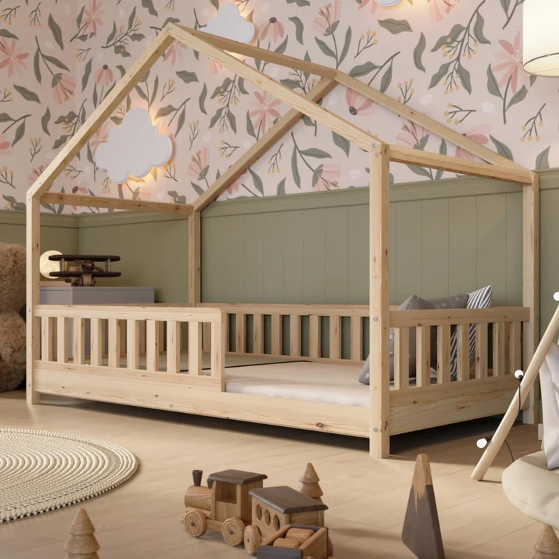 Hausbett Kinderbett Montessori mit Schubladen, Naturholz Kinderzimmer Bett Crazy Househ