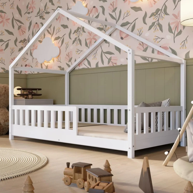 Hausbett Kinderbett Montessori mit Schubladen, Naturholz Kinderzimmer Bett Crazy Househ