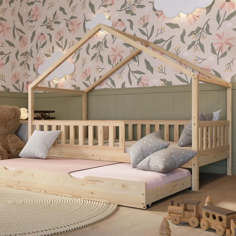 Hausbett Kinderbett Montessori mit Schubladen, Naturholz Kinderzimmer Bett Crazy Househ