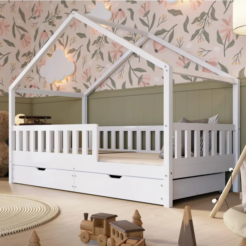 Hausbett Kinderbett Montessori mit Schubladen, Naturholz Kinderzimmer Bett Crazy Househ