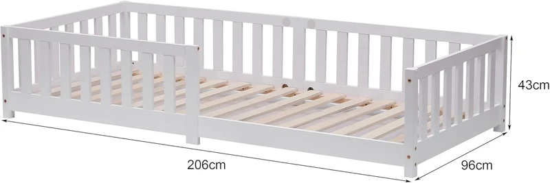 ecomi Kinderbett Montessori Bodenbett Massivholz mit Rausfallschutz und Lattenrost, Skandinavisches Design, für Mädchen und Jungenh