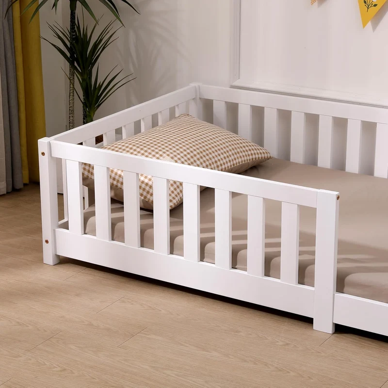 ecomi Kinderbett Montessori Bodenbett Massivholz mit Rausfallschutz und Lattenrost, Skandinavisches Design, für Mädchen und Jungenh